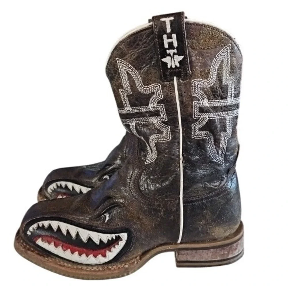 Tin Haul Kids Sharky Brown Leather Western Cowboy Boots Size 6 14-12-0297-712